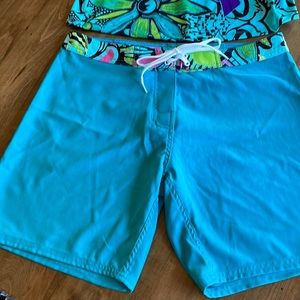 Mysterioso Long Board Shorts Size 10 Turquoise 7 Inch Inseam Zippered Pocket